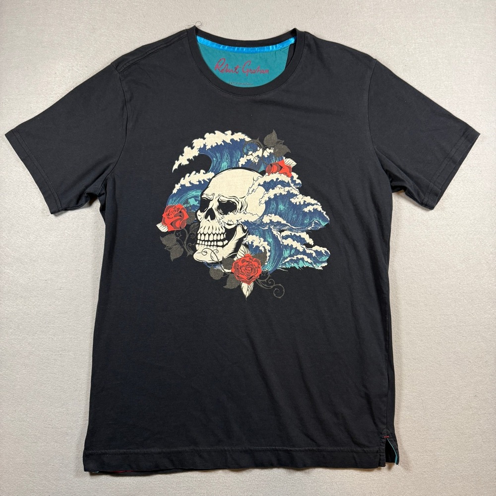 Robert Graham T-Shirt Mens M Black Skull Graphic Roses Waves Cotton‎ Edgy Tattoo